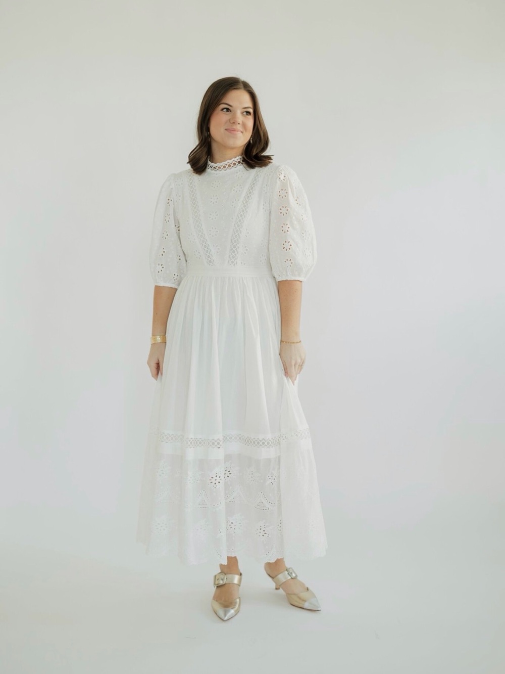 Fate Monica White Mockneck Eyelet Midi Dress